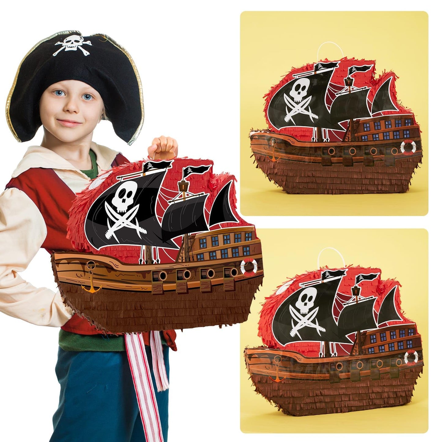 WERNNSAI Pirate Piñata - Pirate ship piñata with blindfold and bat for boys and kids Caribbean pirate party gifts for birthdays decorations family games pirate party supplies