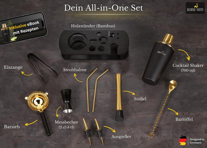 BARMINGO® Stainless Steel Cocktail Set 11pcs. - 700ml Cocktail Shaker Set with Stand and Bar Accessories, Cocktail Shaker Set | Bartender Set | Cocktail Mixing Set | Bar Set | Gift Set | Black & Gold