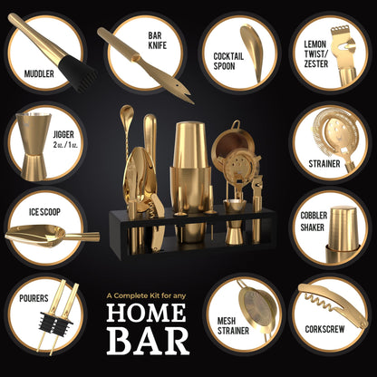 Highball & Chaser bartender set with black bamboo stand, elegant cocktail shaker set and bar tools, stainless steel, Boston shaker, bartender kit with stand (antique gold)