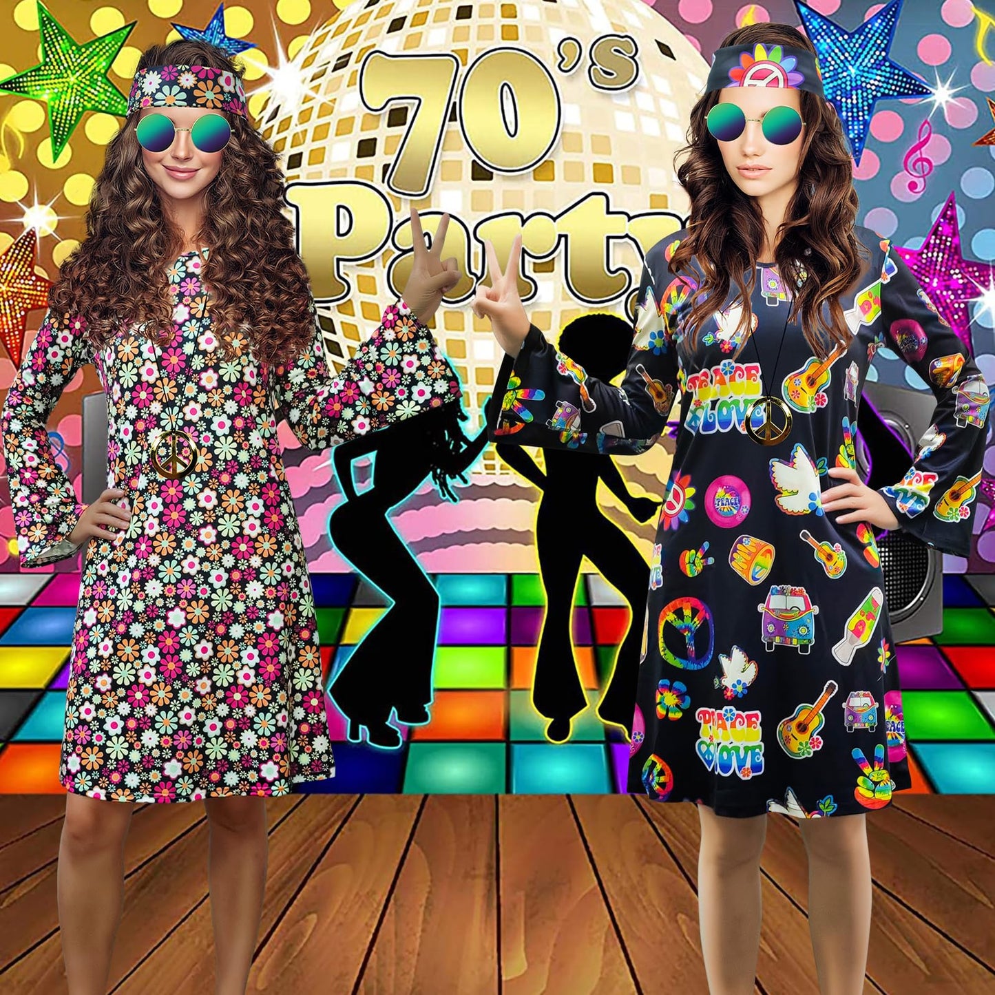 MRYUWB Women's Hippie Dress, 1970s Costume, with necklace, earrings, sunglasses, disco outfit, 1960s party costume, Halloween retro dress (Black, L)
