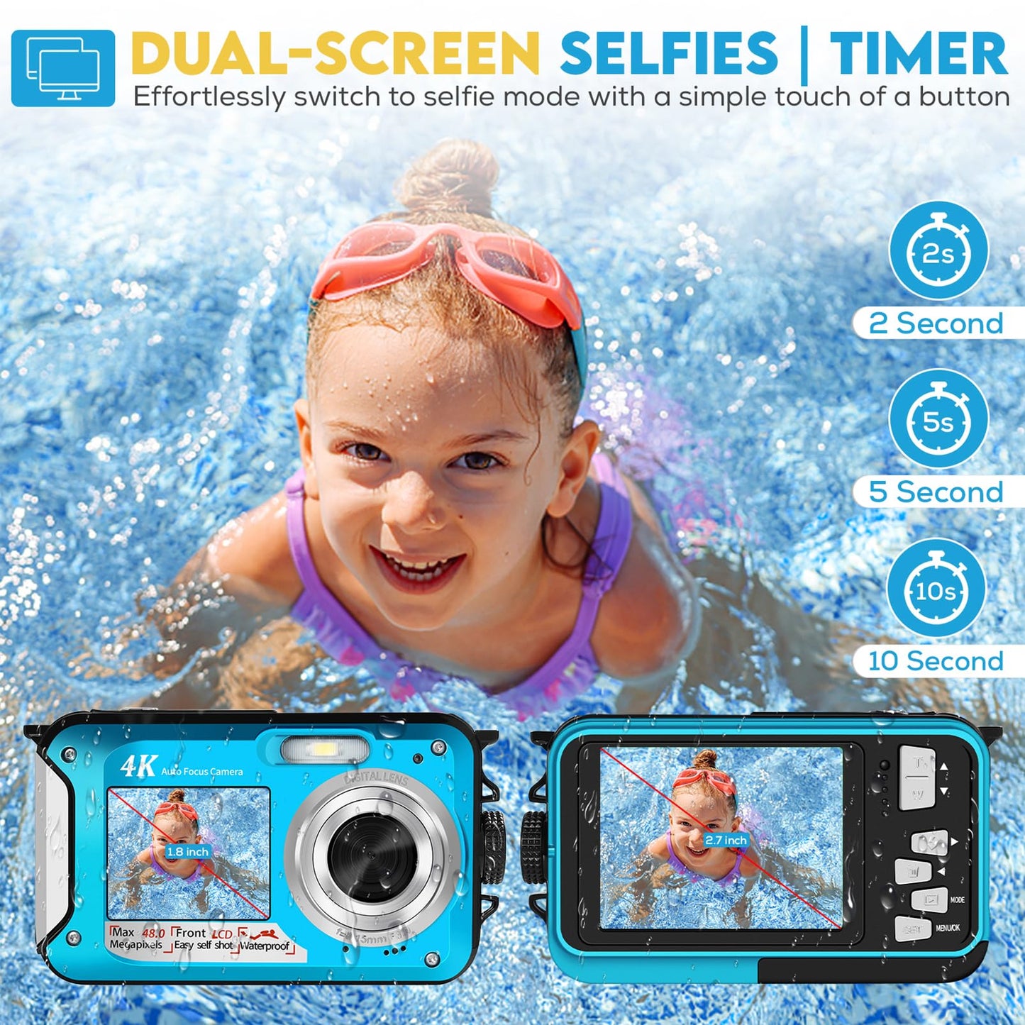 4K underwater camera with 64GB card, 48MP underwater camera with autofocus & HD dual selfie display, 3.5m waterproof camera, waterproof digital camera for kids & snorkeling (2 batteries)