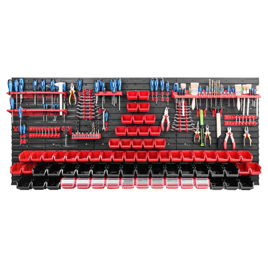 Storage system workshop shelf | 172 x 78 cm | 70 pcs. Box | Wall shelf with tool holders and stackable boxes - Wall panels Extra strong bins rack Tool hole wall storage shelf Garage shelf