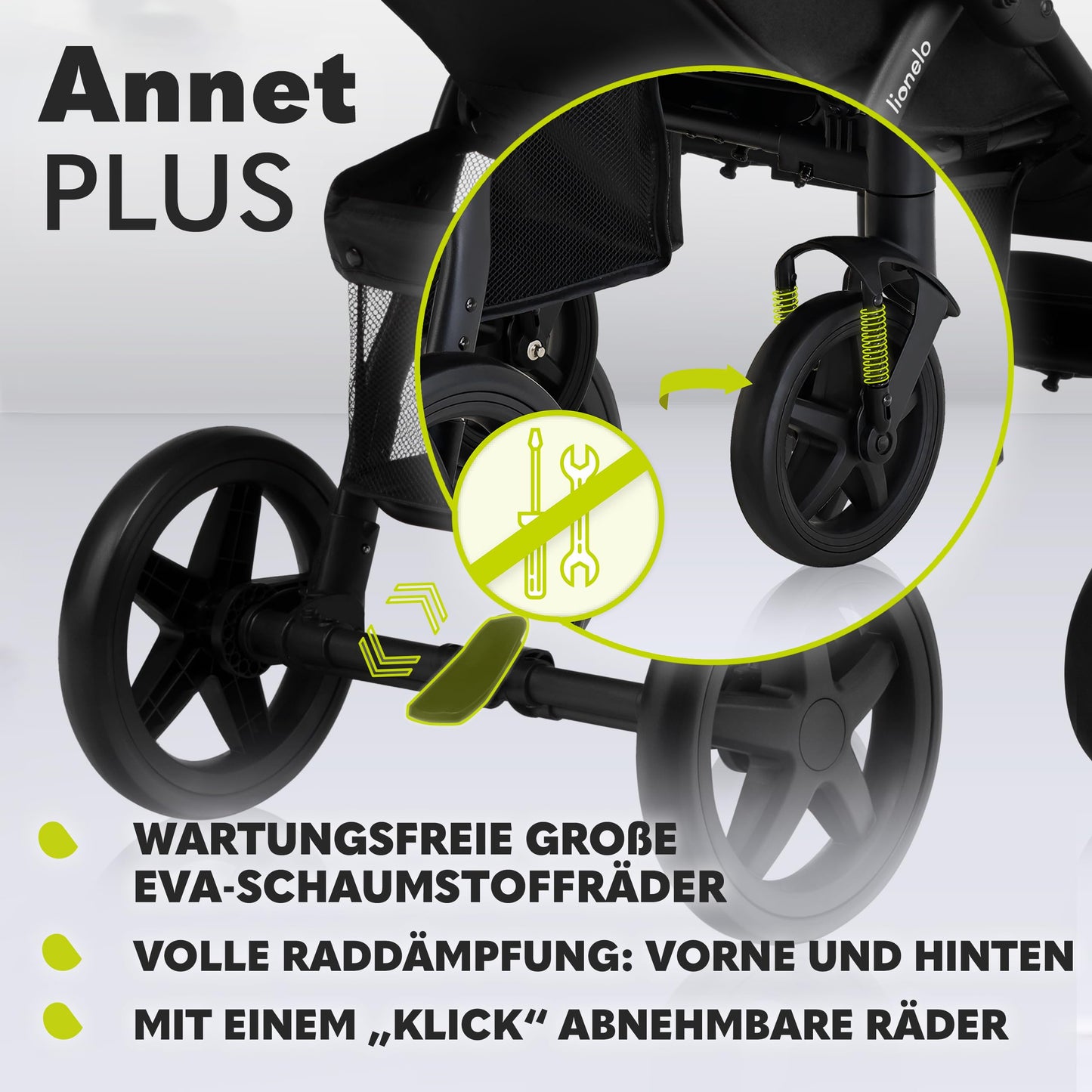 LIONELO Annet Plus stroller up to 22 kg with adjustable backrest, compact fold with accessories, EVA foam wheels, mosquito net, footmuff, cup holder, basket
