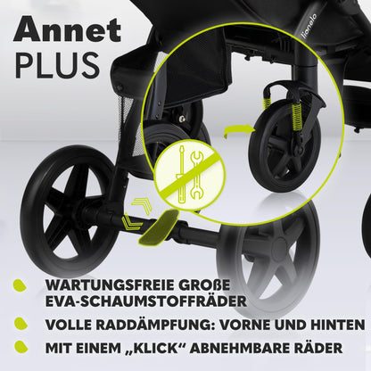 LIONELO Annet Plus stroller up to 22 kg with adjustable backrest, compact fold with accessories, EVA foam wheels, mosquito net, footmuff, cup holder, basket