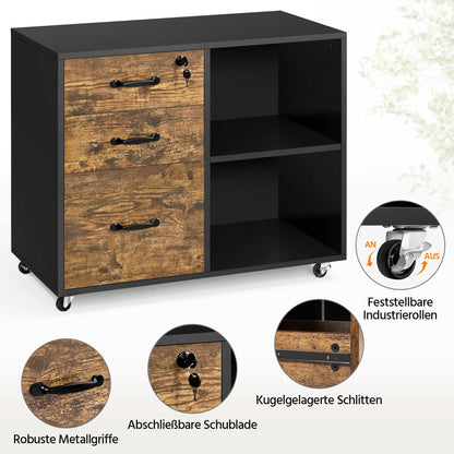 Yaheetech rolling file cabinet, office cabinet with 5 wheels, 3 drawers and 2 open compartments, industrial design, for documents, vintage brown-black.