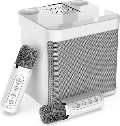 Karaoke machine with 2 microphones, Bluetooth karaoke system, wireless karaoke setup, speaker with karaoke microphone, karaoke set for parties, events, supports Bluetooth, AUX, USB/TF (white)