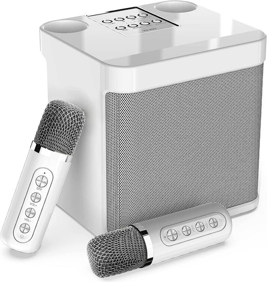 Karaoke machine with 2 microphones, Bluetooth karaoke system, wireless karaoke setup, speaker with karaoke microphone, karaoke set for parties, events, supports Bluetooth, AUX, USB/TF (white)