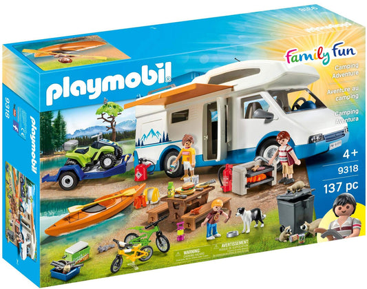 PLAYMOBIL 9318 Fun Camping Set for the whole family with removable roof, trailer hitch, and pull-out awning, for ages 4 and up.