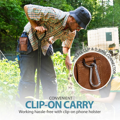 Hengwin Men's Cowhide Dual Phone Belt Pouch with Zipper Pocket, Leather Phone Holster Case for iPhone 16 15 14 Pro Max, Samsung S25 S24 Ultra Smartphone Smaller than 17.78 cm, XL (Brown)