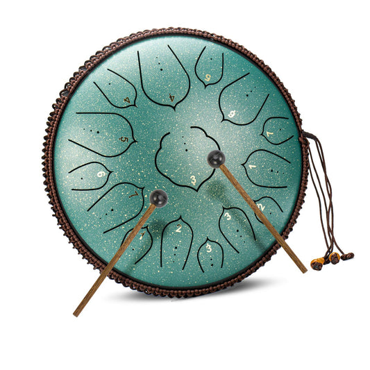 AMKOSKR Steel Tongue Drum, 14 inch 35 cm Steel Tongue Drum, D major 15 notes, Hand Drum HandPan Drum with drumsticks/ carrying bag (Green)