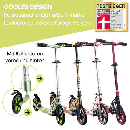Six Degrees aluminum scooter with folding mechanism and stand, 205 mm, height adjustable, GS tested Lime Dream, TEST WINNER