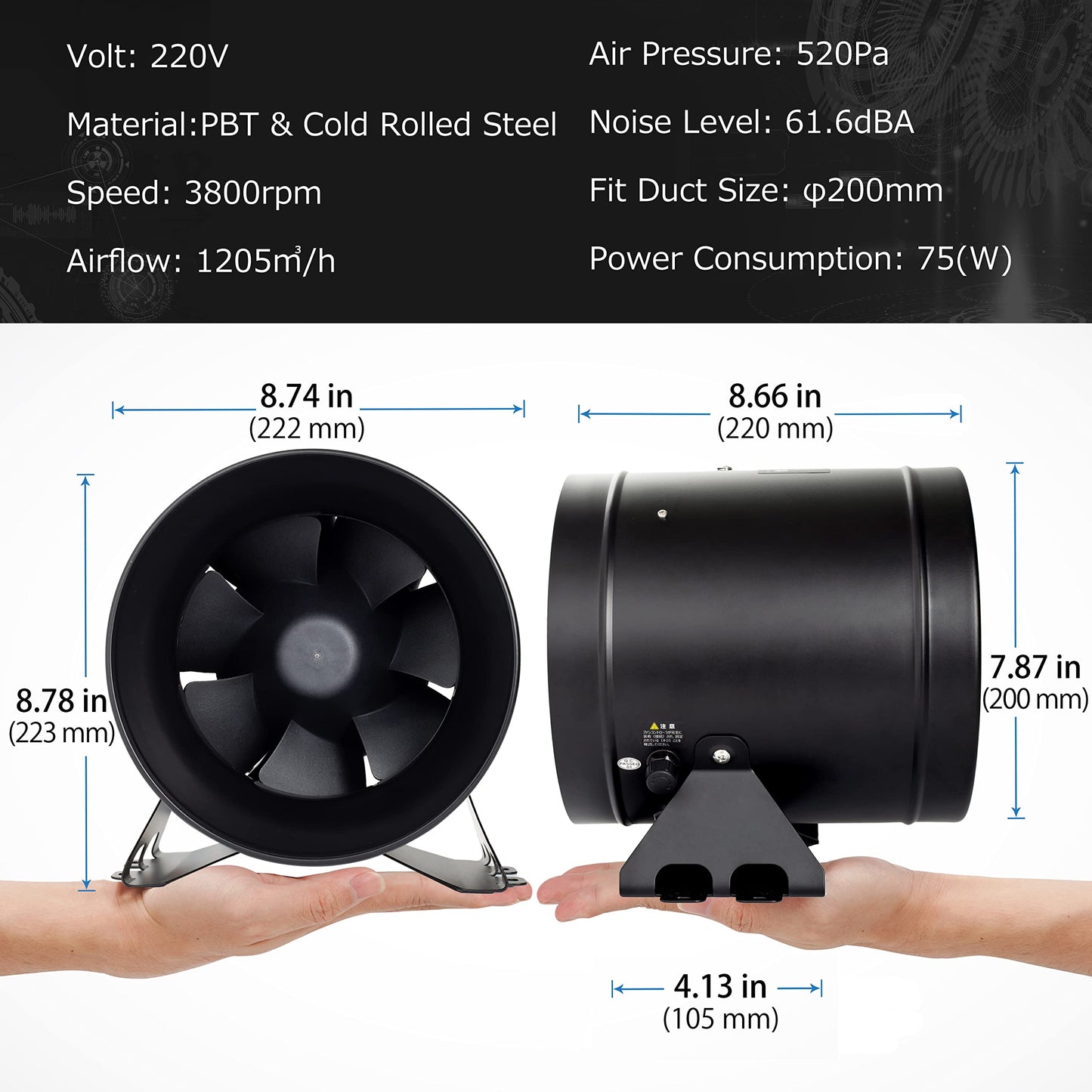 DUCTURBO duct fan 200mm Adjustable, 1205m³/h Inline duct fan Exhaust fan Ideal duct fan for grow tents, ventilation, and exhaust fan