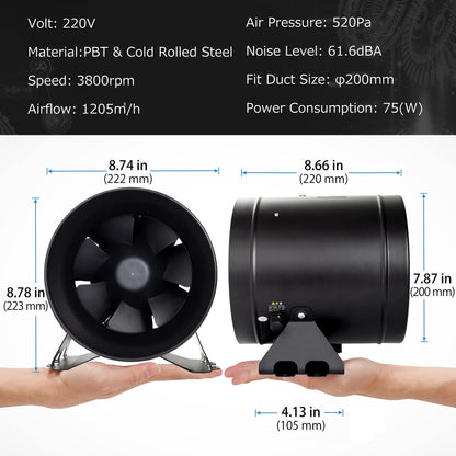 DUCTURBO duct fan 200mm Adjustable, 1205m³/h Inline duct fan Exhaust fan Ideal duct fan for grow tents, ventilation, and exhaust fan