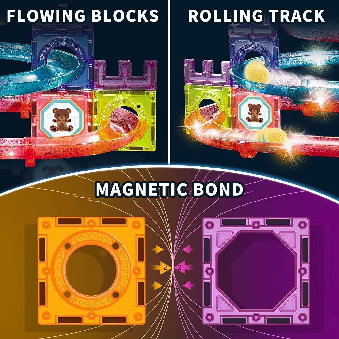 Magnetic building blocks, 111 pieces construction set, magnetic toy, educational toy, magnetic blocks with marble run, learning toy, for boys and girls.