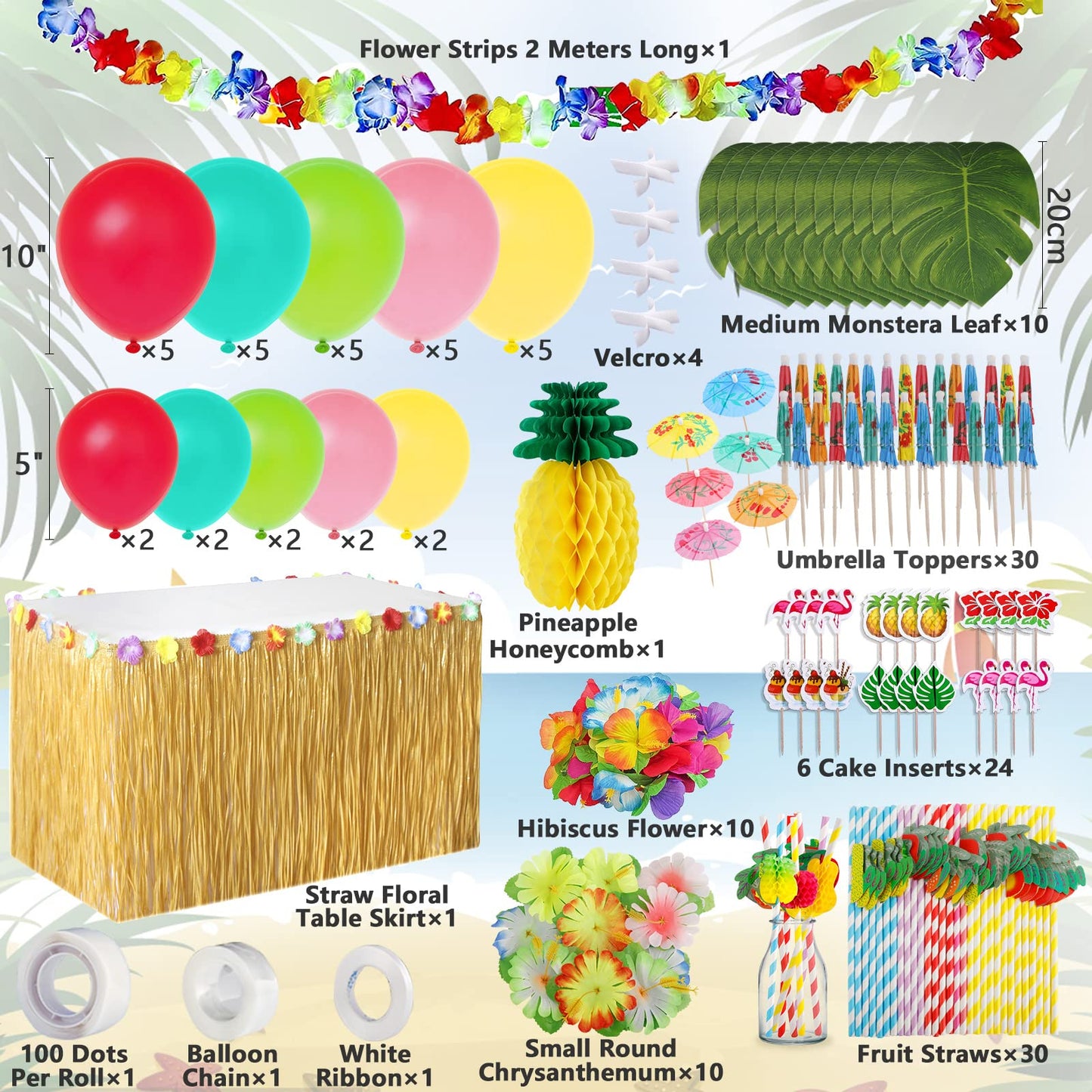Frasheng 159 Piece Hawaii Party Decoration Set, Hawaii Luau Table Skirts, Hawaiian Party, Hawaii Decor, Hawaii Lei Flower Cake Toppers Paper Straws and 3D Fruit for Summer Party Decoration.