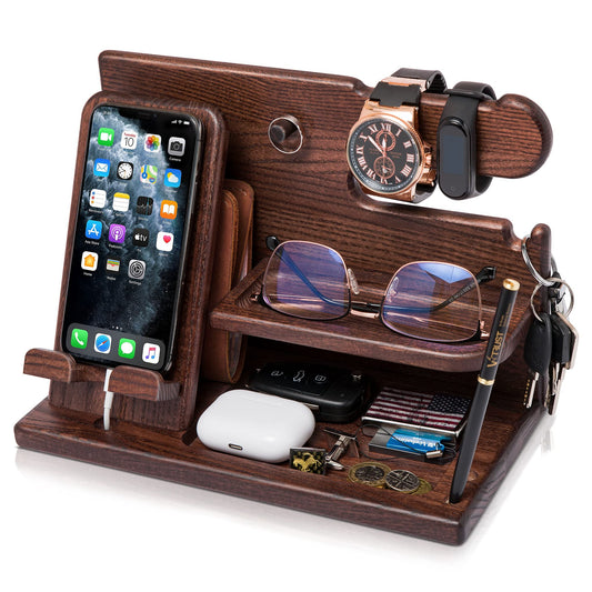 TESLYAR Wooden Phone Docking Station & Desk Organizer in Brown with Phone Stand for Office Storage & Organization/Perfect Men's Gifts for Birthday or Christmas