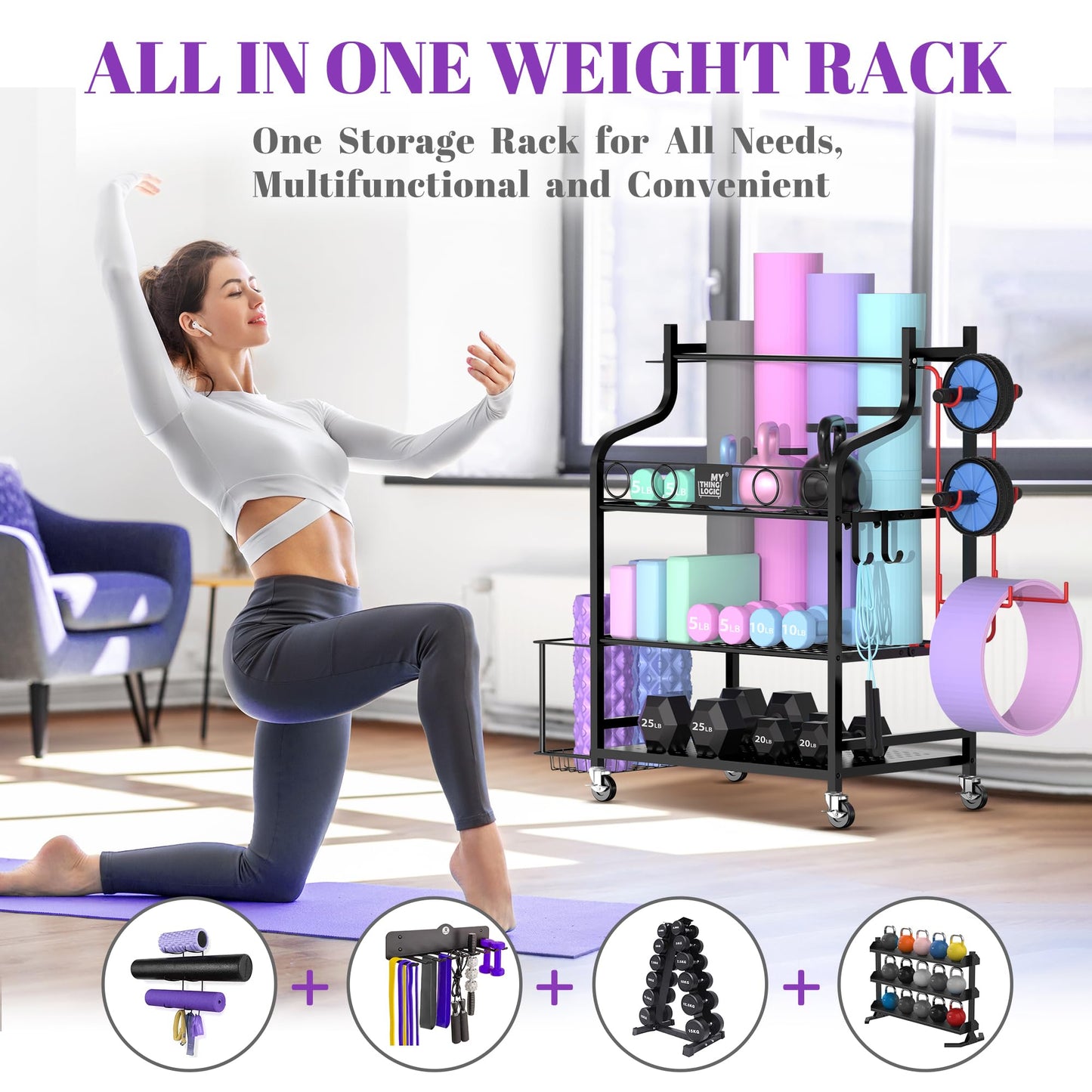 Mythinglogic Yoga Mat Rack, Yoga Mat Organizer for dumbbells, foam roller, kettlebell, and yoga block, home and gym storage shelf sports equipment display rack.