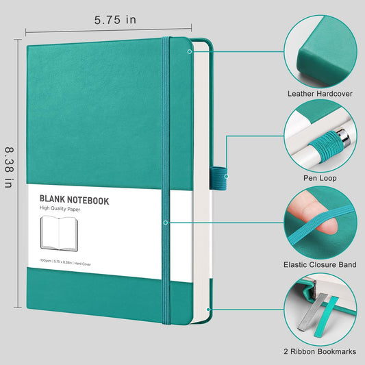 RETACY Notebook A5 Blank 2 Pack - 384 pages Unlined Notebooks with 100gsm Blank Paper, Pen Loop, Inner Pocket, for Sketching School Women Men 14.5 x 21cm-Cyan