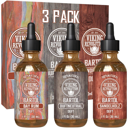Viking Revolution - Beard Oil - Softens, Protects, and Strengthens - Made from All-Natural Bay Rum, Unscented & Sandalwood - Beard Oil for Men - Gifts for Men - Set 3 x 30 ml