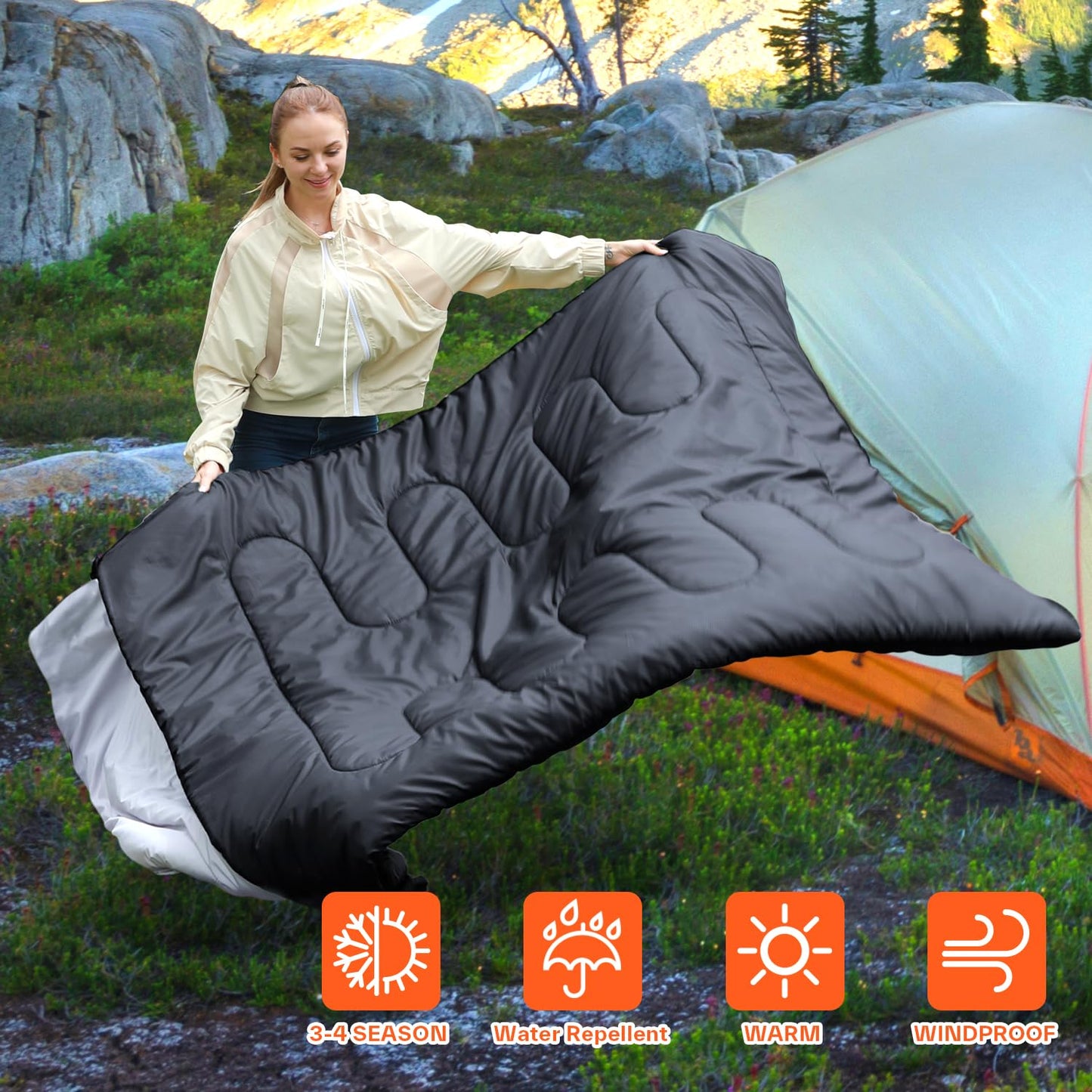 Ohuhu Thick Double Sleeping Bag, Adult Double Sleeping Bag 3.5kg with 220 x 150cm, 2 Free Pillows and a Carrying Bag, Four Double Zippers, Comfortable Temperature: -5 °C ~ 10 °C for Camping, Black
