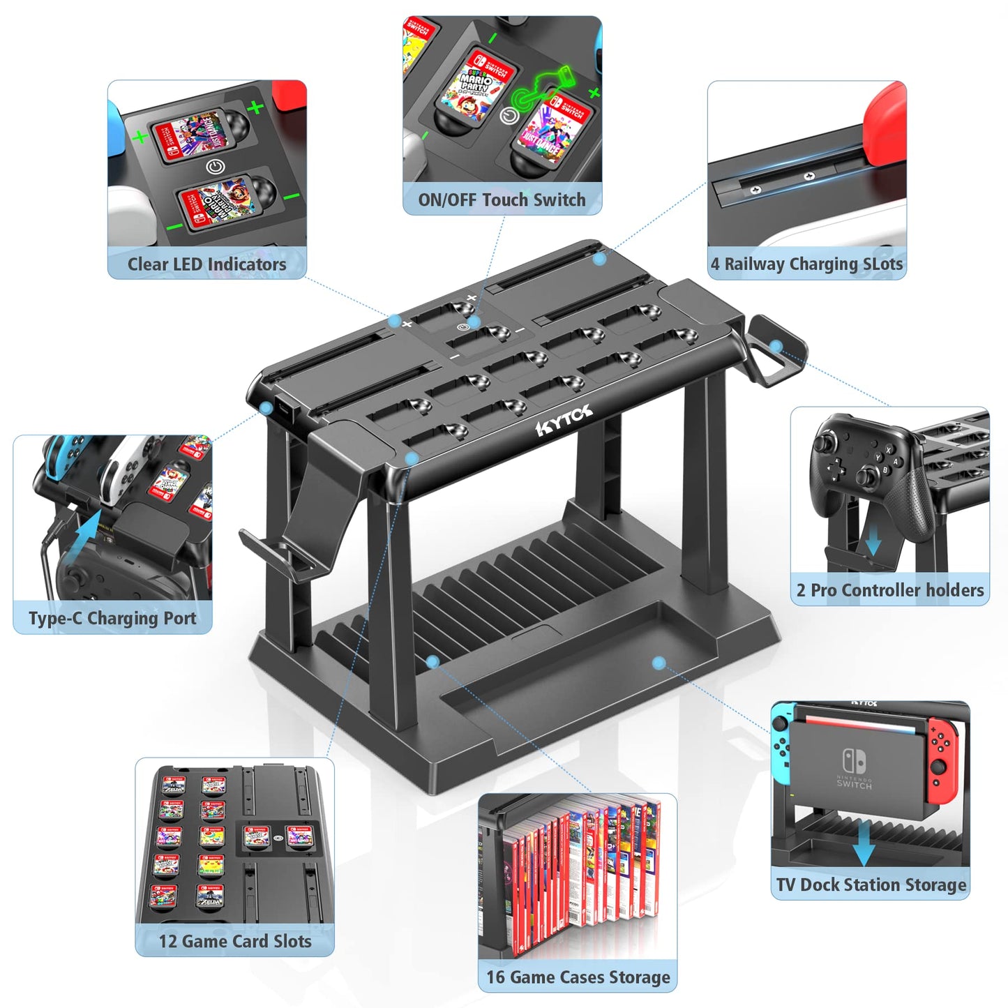 Kytok Switch game storage with Switch controller charging dock, suitable for Switch/OLED Joycons. Store Switch games, TV dock, Pro controller, and other Switch accessories.