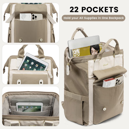 LOVEVOOK backpack for women, large laptop school backpack for girls teenagers 17 inches with data cable bag, waterproof travel backpack school bag backpack elegant for university work business travel beige