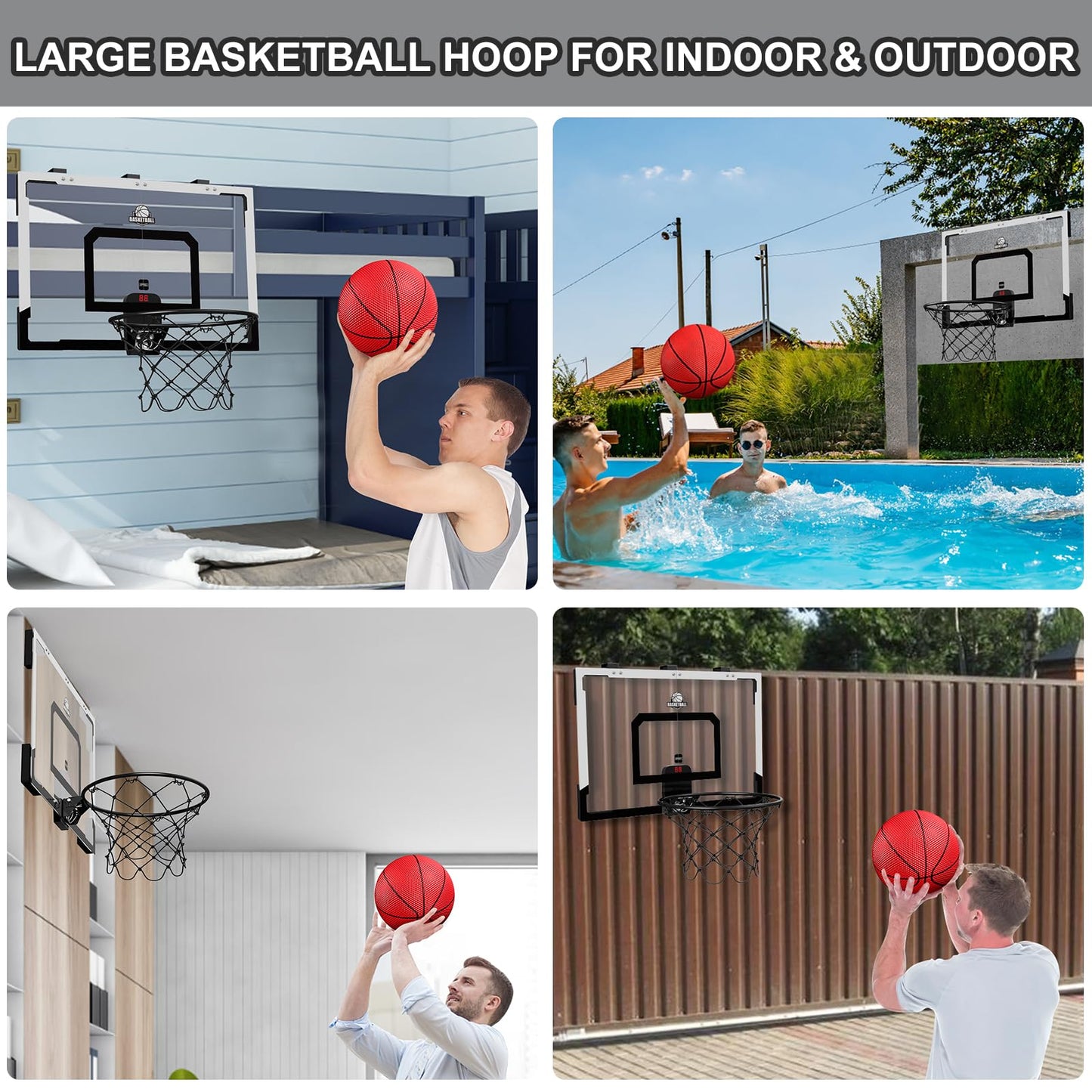 HYES 24" x 16" Large Basketball Hoop Indoor for Kids, Basketball Hoop with Scorer, 2 Balls, Pump, Big Basketball Toy for Adults Kids Teens Boys Girls (black with Scorer)