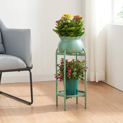 [en.casa] Altena flower stand with plant pot and shelf made of metal in green, plant shelf 80.5 x 40 x 40 cm, flower column for indoors, plant pot stand