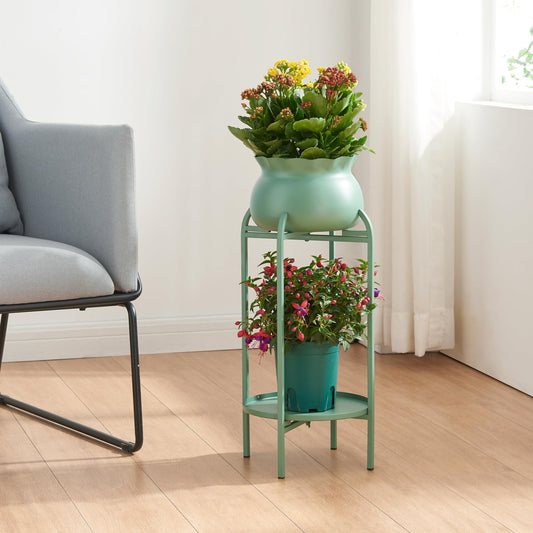 [en.casa] Altena flower stand with plant pot and shelf made of metal in green, plant shelf 80.5 x 40 x 40 cm, flower column for indoors, plant pot stand