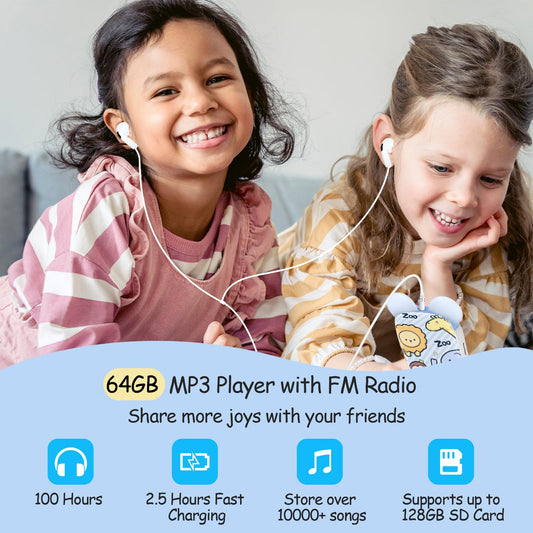 RUIZU 64GB MP3 Player for Kids Bluetooth 5.3 with headphones speaker Supports FM radio, alarm clock, one-touch recording, stopwatch function.