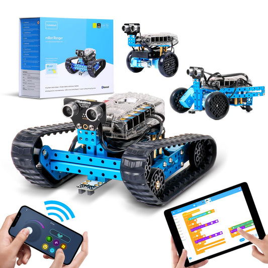 Makeblock mBot Ranger is a programmable 3-in-1 robot kit for kids aged 8 and up. This app-controlled robot toy can be programmed with Scratch/Arduino.