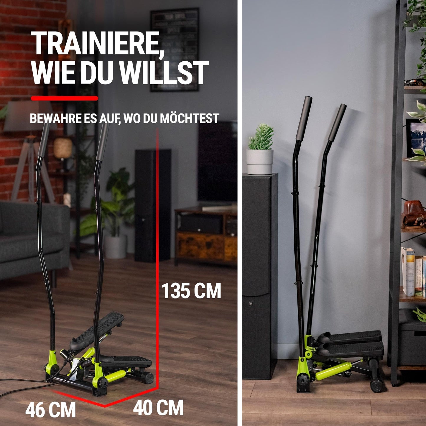 Hop-Sport Stepper Lime Green with handles - Nordic Walking and Swing Stepper for home, Adjustable stepping surfaces, Detachable expanders, Cardio fitness device for home.