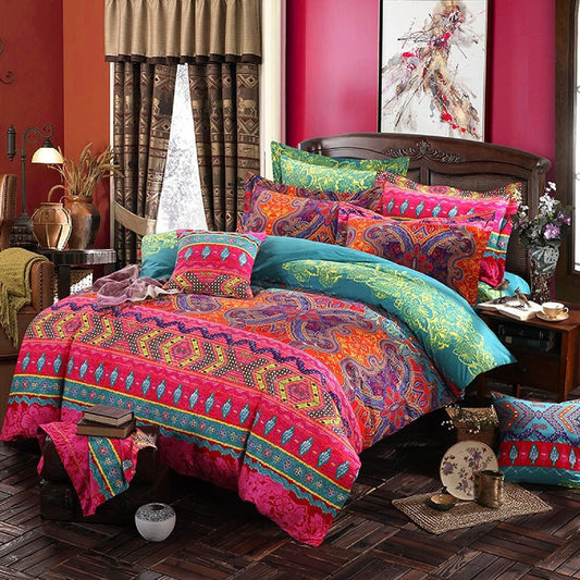 Lanqinglv Bohemian Bedding 135x200cm 4 Piece Red Boho Mandala Bohemian Reversible Bedding Set Colorful Vintage Duvet Covers with Zipper and Pillowcase 80x80cm (MJH,4PC)