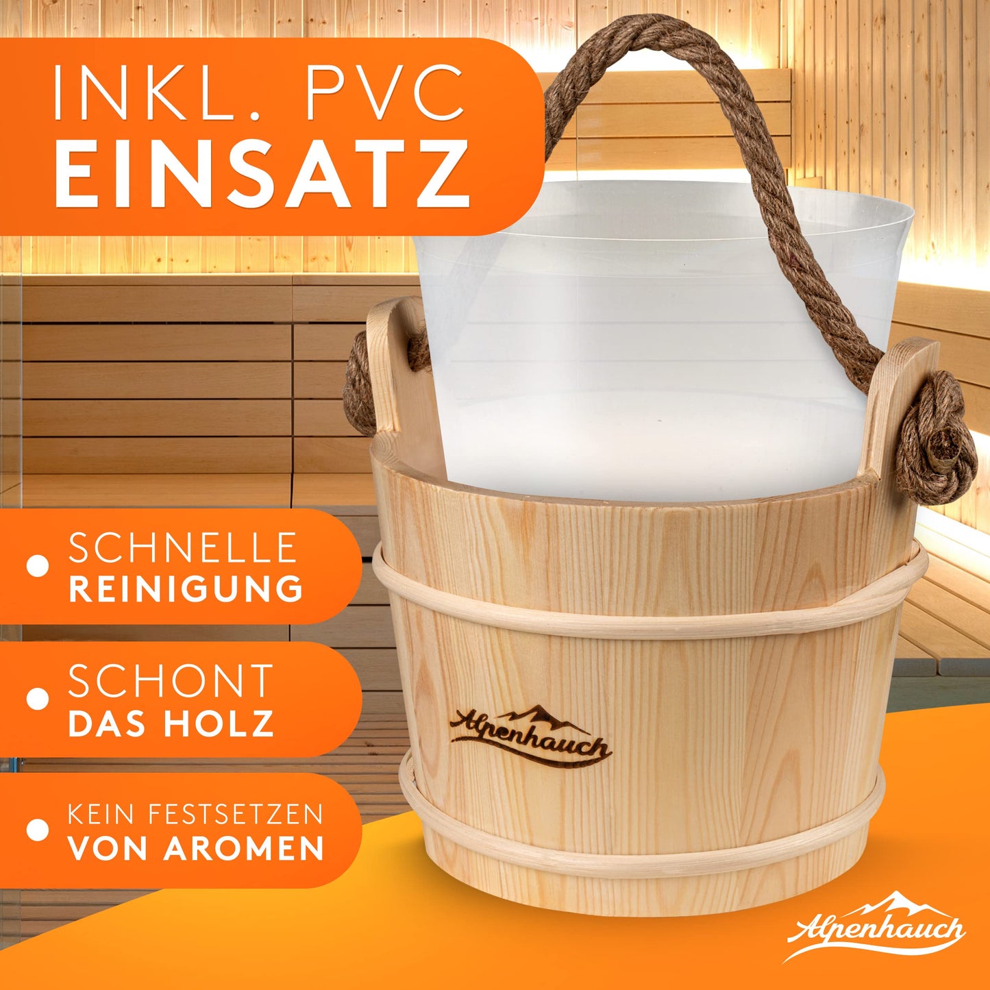 ALPENHAUCH Sauna Bucket with Ladle [100% natural wood] - Premium sauna bucket set with sauna hourglass & thermometer/hygrometer - Durable sauna accessory - Infusion bucket set includes practical sauna booklet
