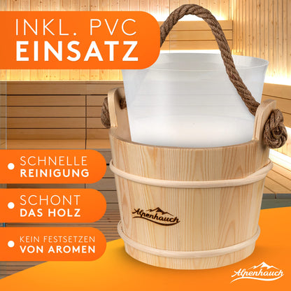 ALPENHAUCH Sauna Bucket with Ladle [100% natural wood] - Premium sauna bucket set with sauna hourglass & thermometer/hygrometer - Durable sauna accessory - Infusion bucket set includes practical sauna booklet