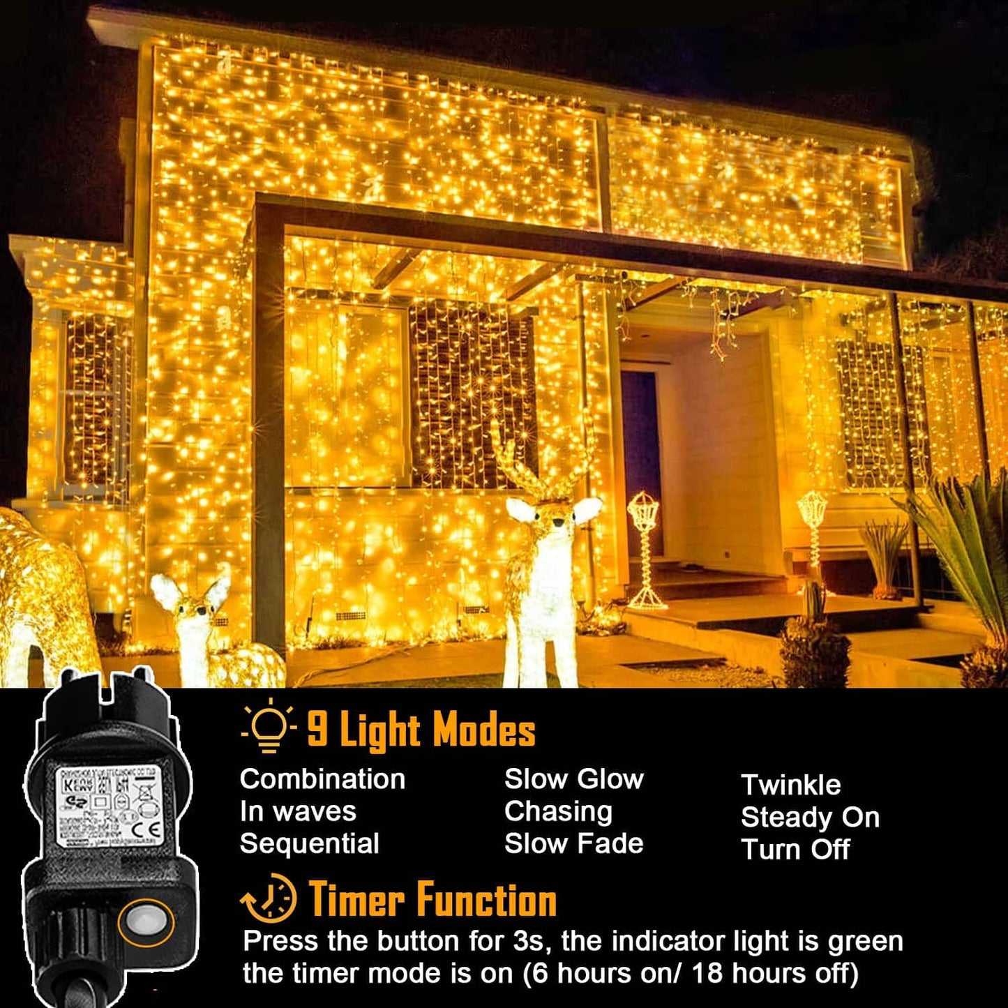 Yowin 6m x 3m 600 LED curtain lights with plug, 8 modes, waterproof waterfall light chain for outdoor/indoor use. Perfect for room, wedding, garden, pergola, and Christmas decoration.