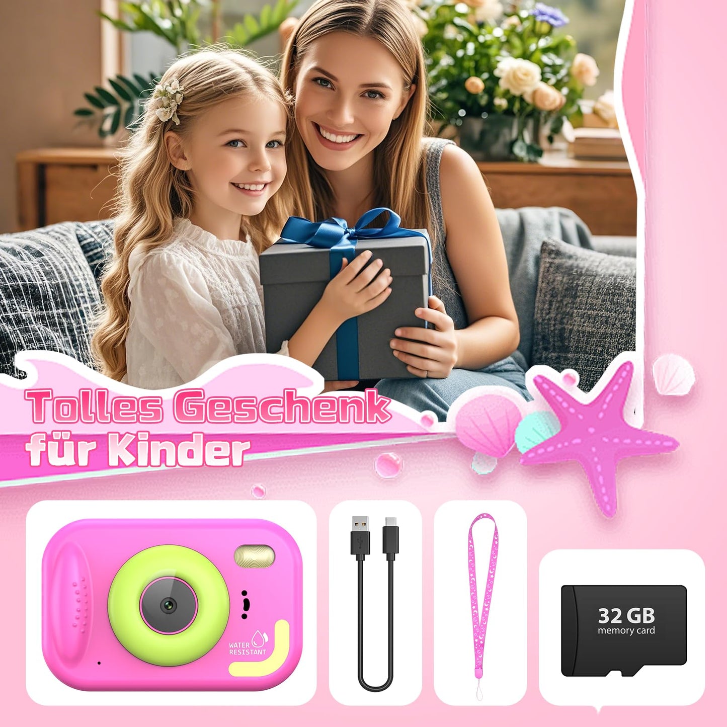 ULEWAY kids camera, 1080P underwater camera for kids, underwater digital camera with 2.4" screen, 32GB SD card, video camera toy gift for kids aged 3-12 years.