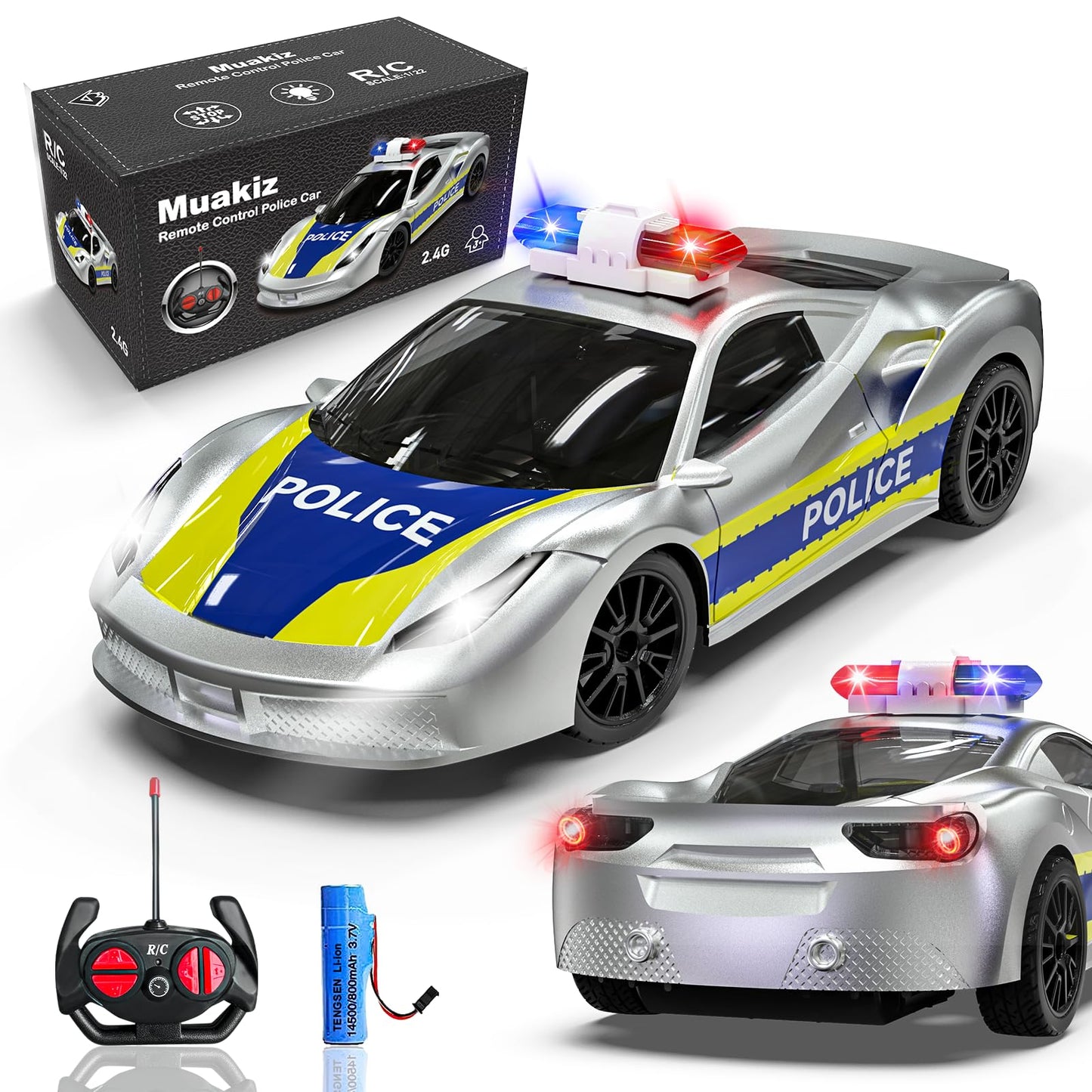 Muakiz Remote Control Car for 3 4 5 6+ Years Old, 2.4G RC Police Car Toy with Remote Control for Boys Girls Kids Toy with Rechargeable Battery & Police Light RC Cars Toy, Silver