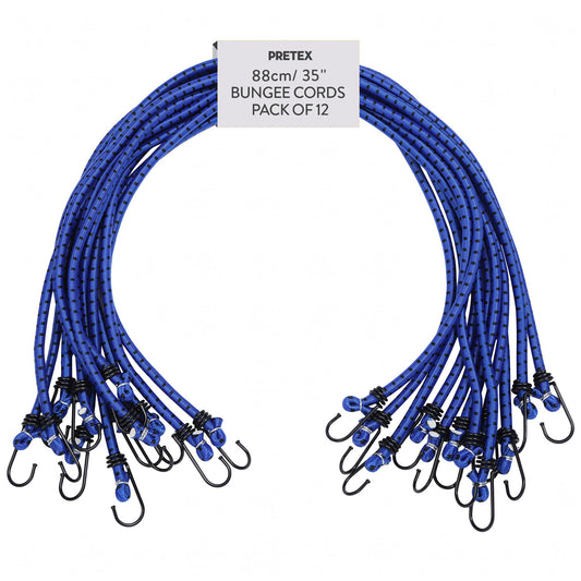 PRETEX 12-pack Universal Bungee Cords with Hooks - 88 cm long rubber straps set - 12x bike tie-down straps - Bungee Cord Set - Blue