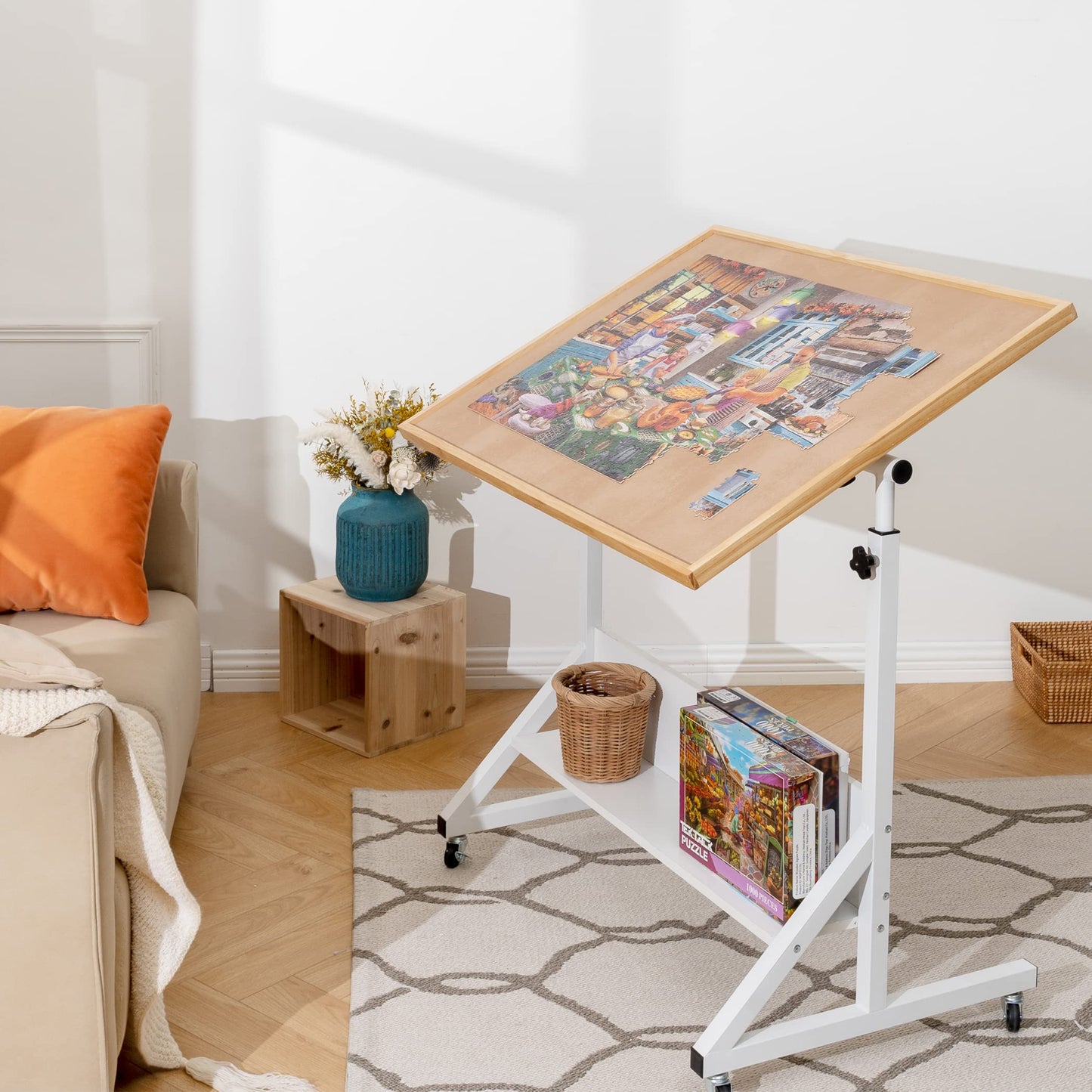 Tektalk puzzle table with angle and height adjustment, puzzle board with cover, tiltable puzzle easel with table legs, enclosed with 4 rolling wheels, for up to 1500 pieces of puzzles.