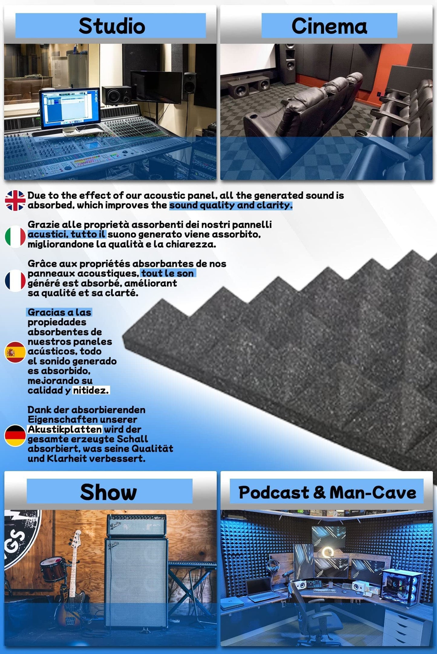 Arrowzoom 24 Acoustic Panels Acoustic Foam Mats Acoustic Foam 25x25x5cm Tiles Insulation Wall Decor Pyramids Eggcrate Soundproofing Broadband Absorber Ceiling Foam Fire Retardant Blue Black