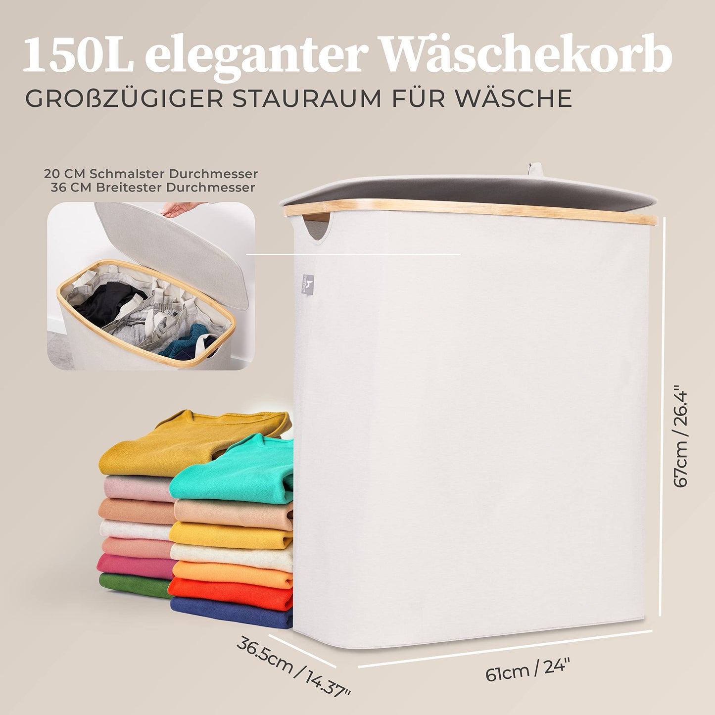 Henno's Laundry Box 150L - Laundry Basket 3 Compartments - Lid - Laundry Sorter with Laundry Bag - Laundry Baskets - Beige Bamboo - Laundry Bin - Laundry Sorting System - Laundry Collector