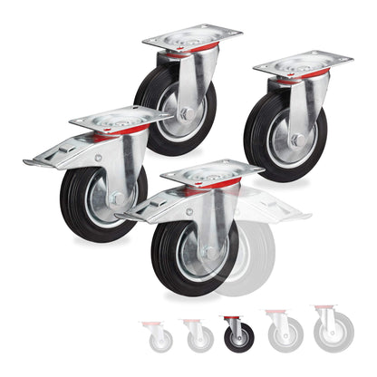 Relaxdays Heavy Duty Casters, Set of 4, swivel, ball bearing, 2 with brakes, load capacity up to 320kg, wheel diameter: 125mm, black