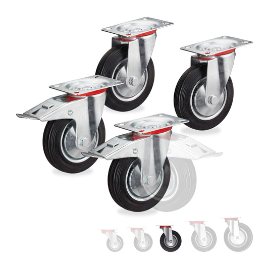 Relaxdays Heavy Duty Casters, Set of 4, swivel, ball bearing, 2 with brakes, load capacity up to 320kg, wheel diameter: 125mm, black