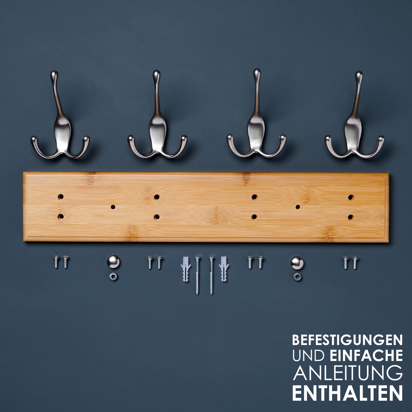LARHN Wooden Coat Hooks - Wooden Coat Rack with 4 Hooks in Matte Nickel - 42 cm - Wall Coat Hooks - Wall Mount Coat Rack for Hallways, Closets, Bedrooms, and Bathrooms