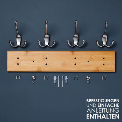 LARHN Wooden Coat Hooks - Wooden Coat Rack with 4 Hooks in Matte Nickel - 42 cm - Wall Coat Hooks - Wall Mount Coat Rack for Hallways, Closets, Bedrooms, and Bathrooms