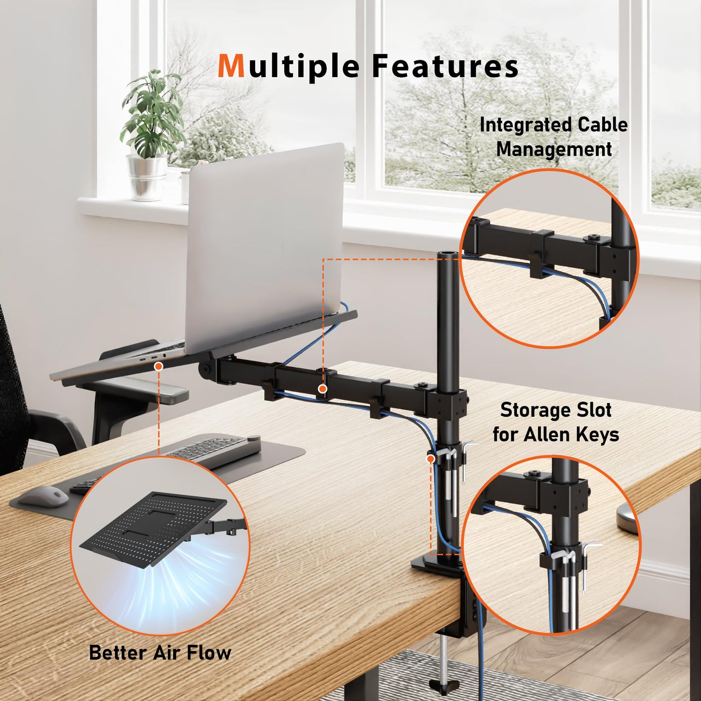 Redbat monitor arm with ventilated laptop tray, fully adjustable for 13 to 32 inch LCD LED screen & up to 16 inch notebook, 2 mounting options, tilt, swivel & rotate