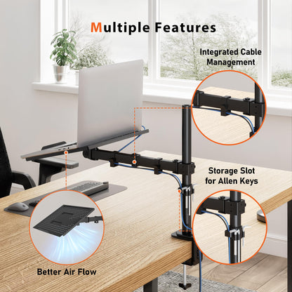 Redbat monitor arm with ventilated laptop tray, fully adjustable for 13 to 32 inch LCD LED screen & up to 16 inch notebook, 2 mounting options, tilt, swivel & rotate