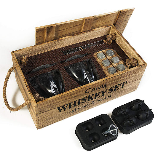 Cneng Whiskey Stones Gift Set with Glass, Whiskey Glasses Set, Personalized Whiskey Gift for Men, 2x 300ml Glasses, 6 Whiskey Stones, Whiskey Accessories with Wood Gift Box.