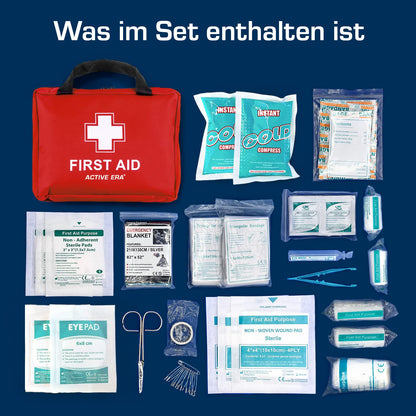 Active Era First Aid Kit, 90 piece premium first aid bag - first aid kit including instant cold packs, eye wash, bandages, rescue blanket for home, office - First Aid Kit ISO 13485